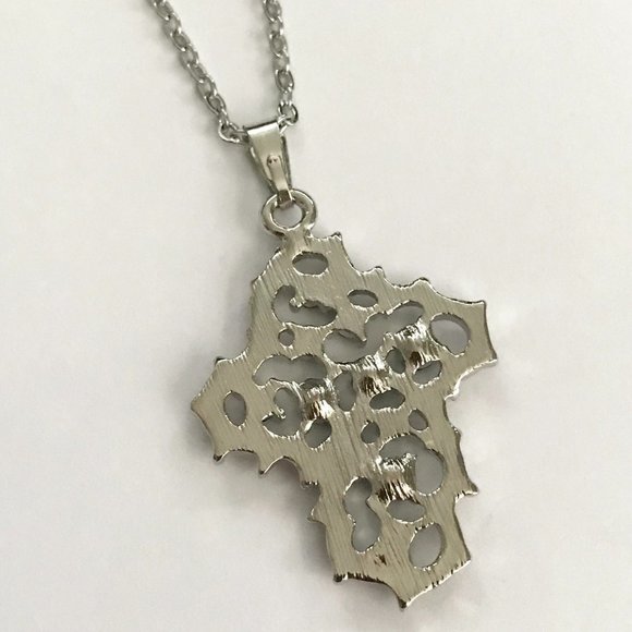 Celtic Cross Necklace Green Crystals Simulated Emeralds Silver Plated 20" Chain - Picture 7 of 10